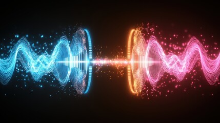 Poster - Abstract sound wave with bright light and futuristic background in pink and blue colors