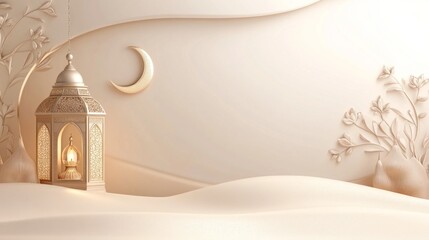 Poster - Soft, flowing lines gently weave through the scene, highlighting a beautifully crafted lantern and crescent moon amid a tranquil desert inspired setting, perfect for Ramadan festivities