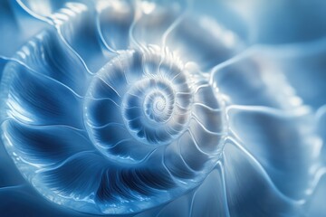 Fototapete - Abstract close-up of a nautilus shell, showcasing its intricate spiral and mesmerizing blue hues.