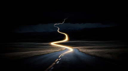 Aufkleber - Long rural road with lightning bolt and dynamic speed light effects captured in long exposure photograph