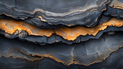Poster - Striking image showcasing layered rock formation with shades of gray and orange. Natural texture and abstract appeal. Macro detail. Layered Rock Formation: Abstract Texture of Gray and Orange Hues