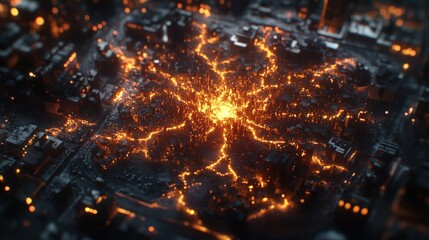 Poster - City skyline at night with illuminated buildings and dynamic light trails in urban environment