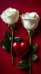 Poster - Two white roses, red heart, love