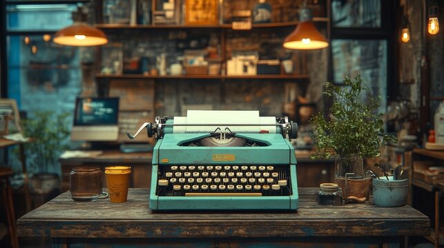 Vintage typewriter on wooden desk in a retro-style workspace.