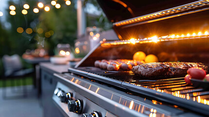 Canvas Print - Grilling Summer Delights: Close-up view of a gas grill with sizzling sausages and steaks, illuminated by warm evening light.  The scene evokes summer gatherings and delicious food.