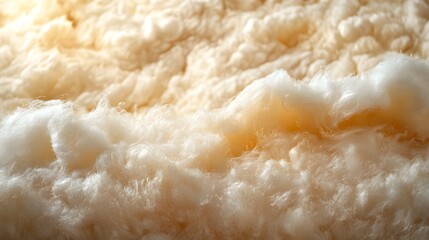 Poster - Close-up of beige and white sheep wool, showcasing its soft, fluffy texture. Macro detail. Lumpy insulation detailed texture background. Textured Beige and White Sheep Wool Close-Up