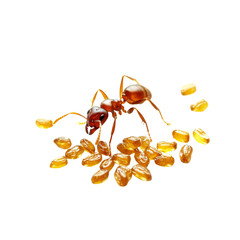 Poster - Ant foraging for food with golden seeds scattered around. This captures industrious nature of ants and their role in ecosystem