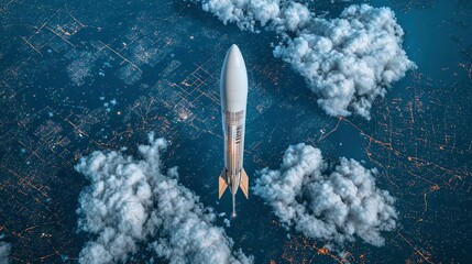 Wall Mural - rocket launch over night cityscape - space exploration and innovation concept