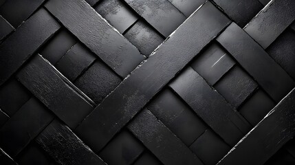 Poster - Close-up of a black wooden lattice, showcasing intricate texture and geometric design. Dark and stylish. Macro detail. Abstract Black Wooden Lattice Pattern: Dark, Textured, Geometric Design