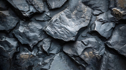 Poster - Close-up view of a dark grey stone wall, showcasing the rough texture and jagged edges of the rocks. Macro detail. Dark Grey Stone Wall Texture: A Close-Up of Rough, Jagged Rocks