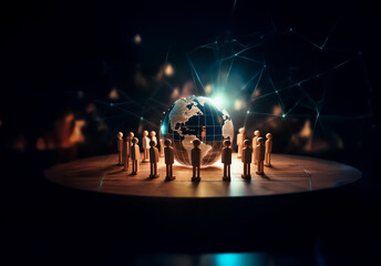 Fototapete - Miniature figures gather around a glowing globe on a platform, connected by a digital network in a dark abstract space.