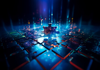 Leinwandbilder - Glowing puzzle pieces connect on a dark surface. Blue and purple lights illuminate the technological scene, symbolizing connection and solution.