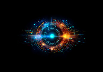 Aufkleber - A luminous abstract circular design with vibrant blue and orange light emanates against a dark backdrop, creating a futuristic and technological visual element.