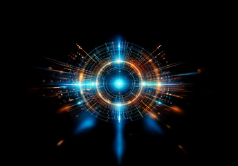 Aufkleber - Abstract digital art featuring a vibrant circular design with radiating lines and a central glowing orb, set against a dark backdrop.  The artwork evokes themes of energy and technology.