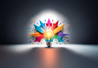 Poster - Illuminated light bulb with vibrant arrows radiating outwards, symbolizing bright ideas, innovation, and creative solutions in a dynamic and colorful way.