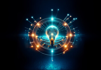 Poster - A glowing light bulb at the center with radiating digital lines and circles, symbolizing innovation, technology, and bright ideas in a futuristic design.