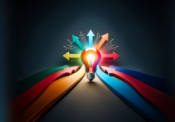 Poster - Illuminated lightbulb at center, radiating vibrant arrows in various directions, symbolizing ideas, innovation, and multiple pathways or solutions.