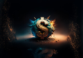 Poster - A golden dollar symbol dominates a fractured globe against a shadowy backdrop, suggesting global finance and economic influence.