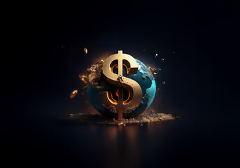 Fototapete - A golden dollar symbol dominates the globe, surrounded by debris against a dark backdrop, depicting global finance and economic themes.