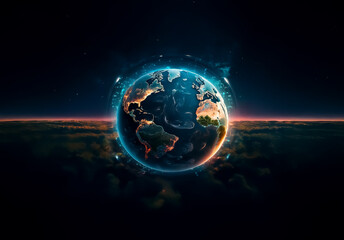 Aufkleber - A radiant Earth glows in the dark expanse of space, encircled by a bright blue halo. Stars shimmer in the background, above a soft layer of clouds.