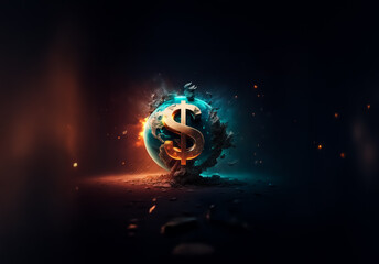 Fototapete - A golden dollar symbol stands prominently on a globe, illuminated with vibrant blue and orange light effects against a dark backdrop, creating a sense of global finance.