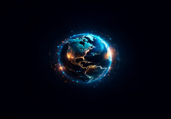 Aufkleber - A glowing digital globe illuminates against a deep black background, creating a vibrant and modern representation of Earth with bright, light effects around it.