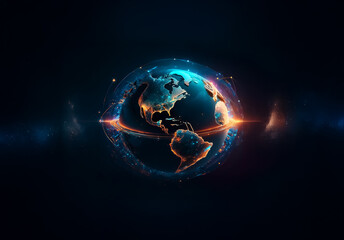 Poster - Futuristic globe with glowing orange and blue continents surrounded by bright network lines against a dark abstract background.
