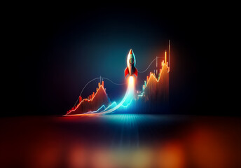 Aufkleber - Vibrant rocket launches skyward, mirroring an ascending graph line.  This image represents rapid growth, success, and forward momentum in a bright, dynamic, futuristic style.