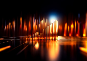 Poster - Golden bar chart ascending against a dark backdrop with blurred orange lights. Reflective surface enhances visual depth.