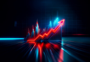 Aufkleber - A vibrant red arrow ascends dynamically over a blue bar graph, set against a dark backdrop, symbolizing upward trends and positive growth in a visual representation.