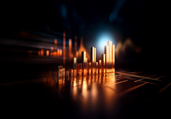 Aufkleber - Golden bars stand tall on a dark, glossy plane, reflecting a soft, blurred light. The scene evokes modern data or abstract financial concepts.