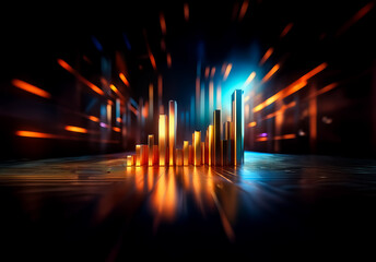 Aufkleber - Abstract glowing bars rise like a digital cityscape against a dark background, illuminated by bursts of light.  A futuristic and dynamic composition.