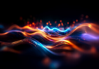 Leinwandbilder - Abstract glowing waves of blue, orange, and red flow across a dark background. Dynamic and fluid lines create a futuristic and energetic feel.