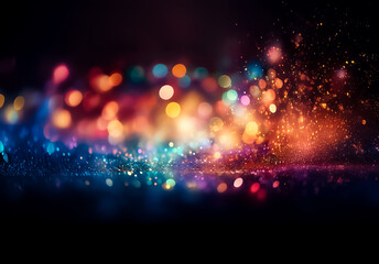 Aufkleber - A mesmerizing bokeh background featuring a vibrant array of defocused light spots in shades of orange, blue, green, and purple against a dark backdrop, creating a magical and dreamy atmosphere.