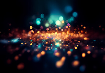 Poster - Abstract image featuring defocused lights with warm orange and cool teal tones.  The blurred orbs create a sparkling, dreamy and vibrant atmosphere against a dark backdrop.