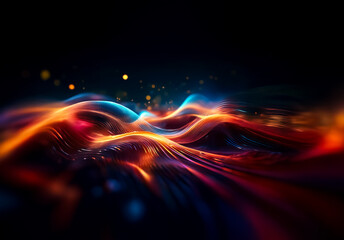 Aufkleber - Luminous waves of orange, red, and blue flow dynamically across a dark backdrop. Glimmering specks enhance motion in this abstract composition of light and color.