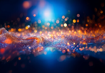 Aufkleber - Abstract blurry image featuring an ethereal surface illuminated by glowing orange and blue lights, creating a dreamy and magical atmosphere.