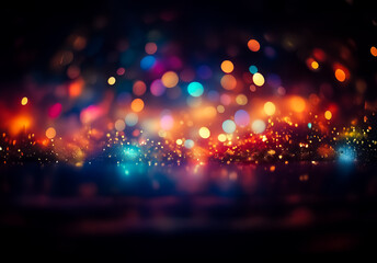 Poster - Blurred vibrant bokeh lights create a festive and celebratory atmosphere against a dark background, showcasing a range of colorful orbs.