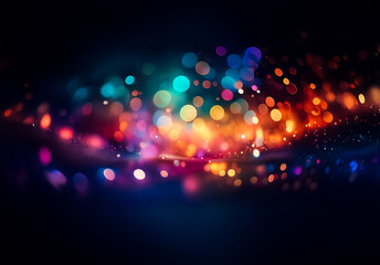 Poster - Abstract image of defocused, vibrant lights creating a bokeh effect against a dark backdrop.  Blurred circles of orange, blue, green, and purple glow brightly.