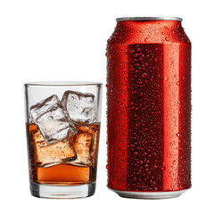 Poster - Refreshing drink in glass with ice next to chilled can. Perfect for hot days