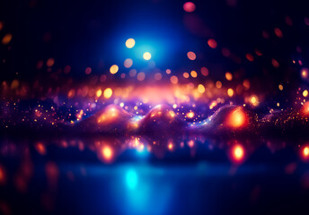 Poster - Abstract image showcases blurry bokeh lights in blue, orange, and red hues. The lights seem to float and reflect, creating a vibrant, magical, and dreamy atmosphere against a dark backdrop.