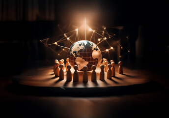 Fototapete - Illuminated network connects wooden figures circling a globe. Representing global unity and interconnectedness in a dramatic, dark setting.