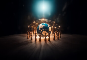 Fototapete - A glowing globe is encircled by figures, forming a connected network. Bright light shines above, illuminating the scene and symbolizing global unity.