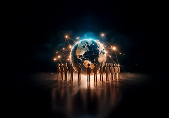 Aufkleber - Silhouetted figures surround a glowing globe, linked by network lines, against a dark backdrop. Representing global connection and digital communication.