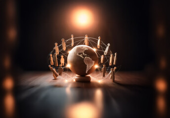 Leinwandbilder - A wooden globe is encircled by stylized figures connected with glowing lines, set on a dark wooden surface under a bright light, depicting global unity.