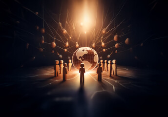 Leinwandbilder - Figures surround a glowing globe, illuminated from above. Lines connect the figures and globe, suggesting a network of communication or global connection in a dark, shiny space.