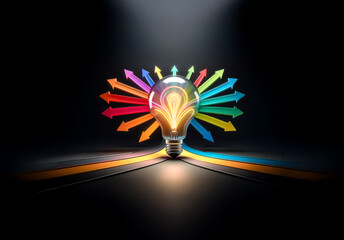 Poster - Illuminated lightbulb in darkness, encircled by vibrant arrows guiding toward it, symbolizing bright ideas and creative direction.