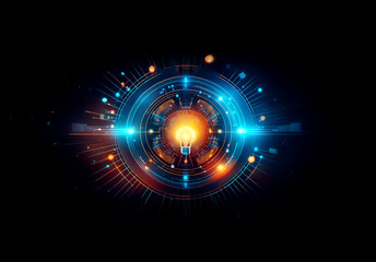 Poster - Abstract, vibrant circular design with luminous blue and orange elements.  Geometric and radial patterns create a futuristic, technological, and energetic feel on a dark backdrop.