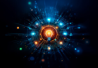 Poster - Abstract digital image of a glowing lightbulb center with radiating lines and particles on a dark background, suggesting innovation, technology, and bright ideas.