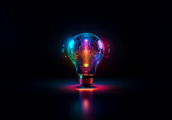 Aufkleber - A glowing lightbulb filled with a colorful circuit board design, illuminated with neon hues against a dark backdrop. Symbolizes innovation and technological concepts.
